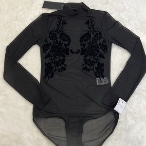 Ayanapa mesh bodysuit with crushed velvet floral design NWT